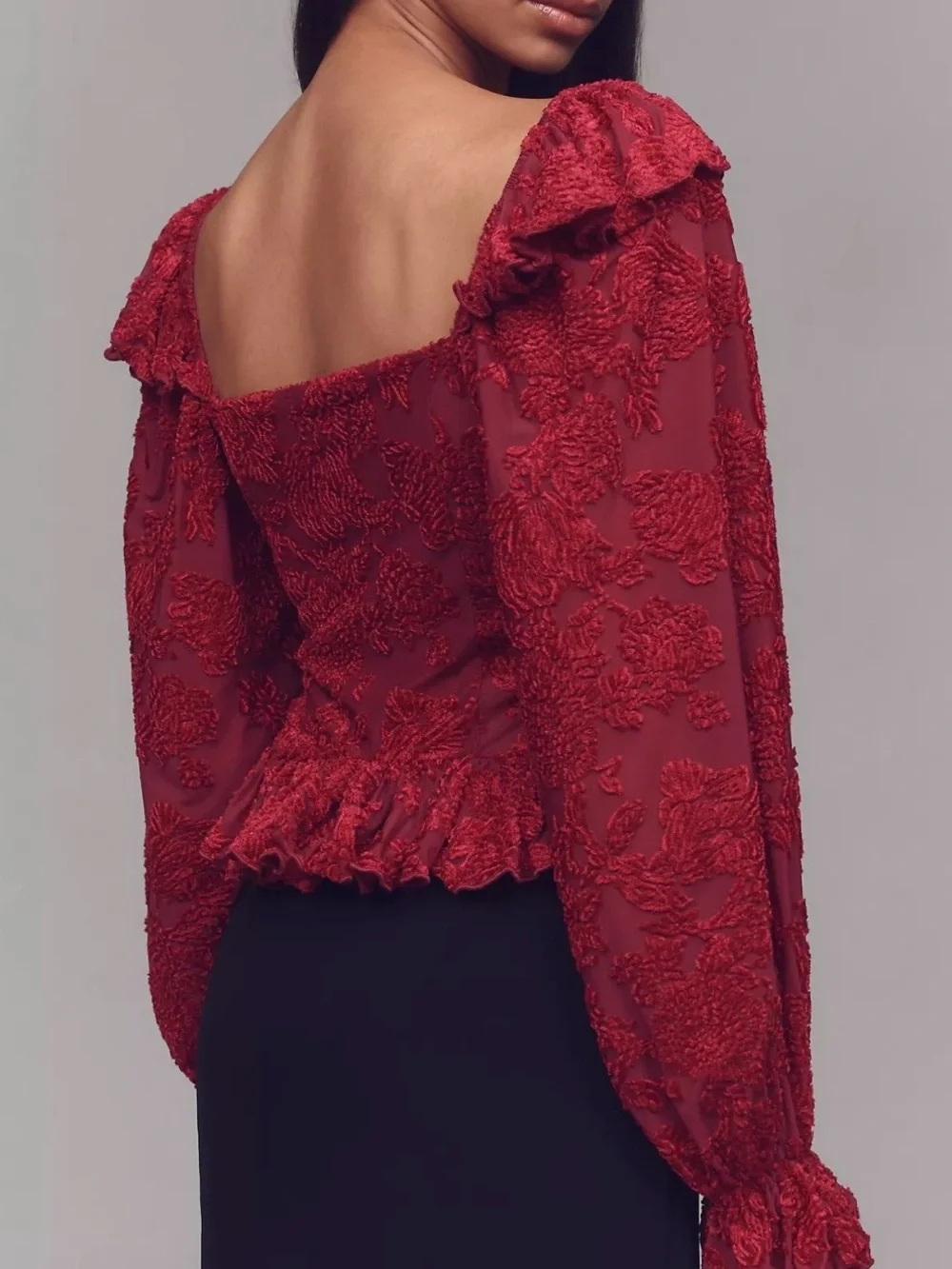 Anthropologie Velvet Burnout Peasant Red Ruffle Balloon Sleeve Top Size XXS